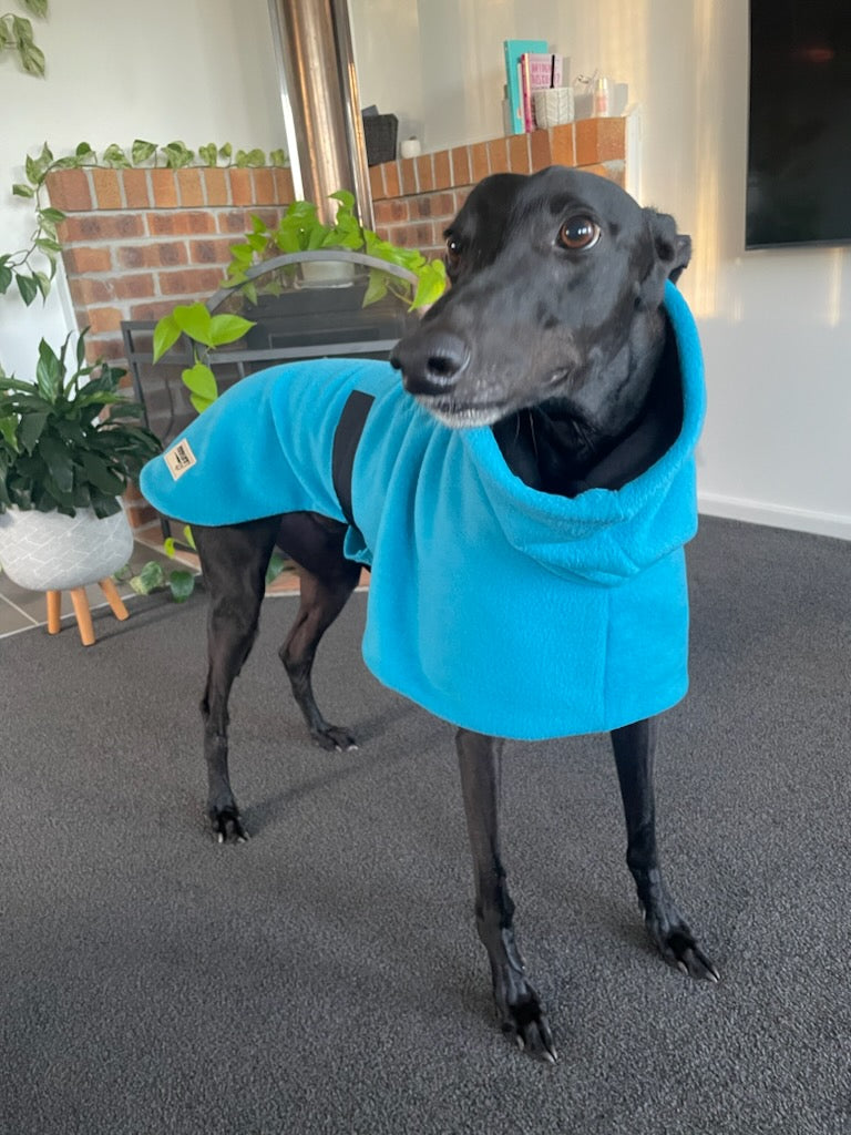 Greyhound Deluxe Dog coat dog rug, double polar fleece turquoise washable extra wide hoodie