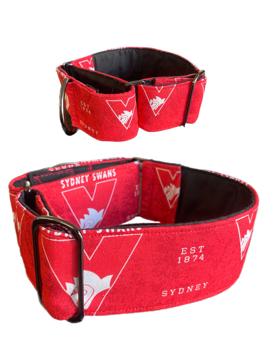 Martingale collar greyhound collar AFL Sydney Swans footy cotton fabric