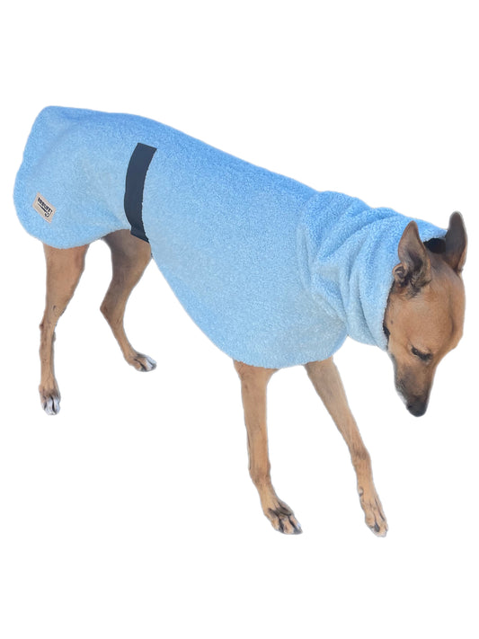 Ice blue Teddy fleece extra thick deluxe style greyhound coat with snuggly wide neck roll