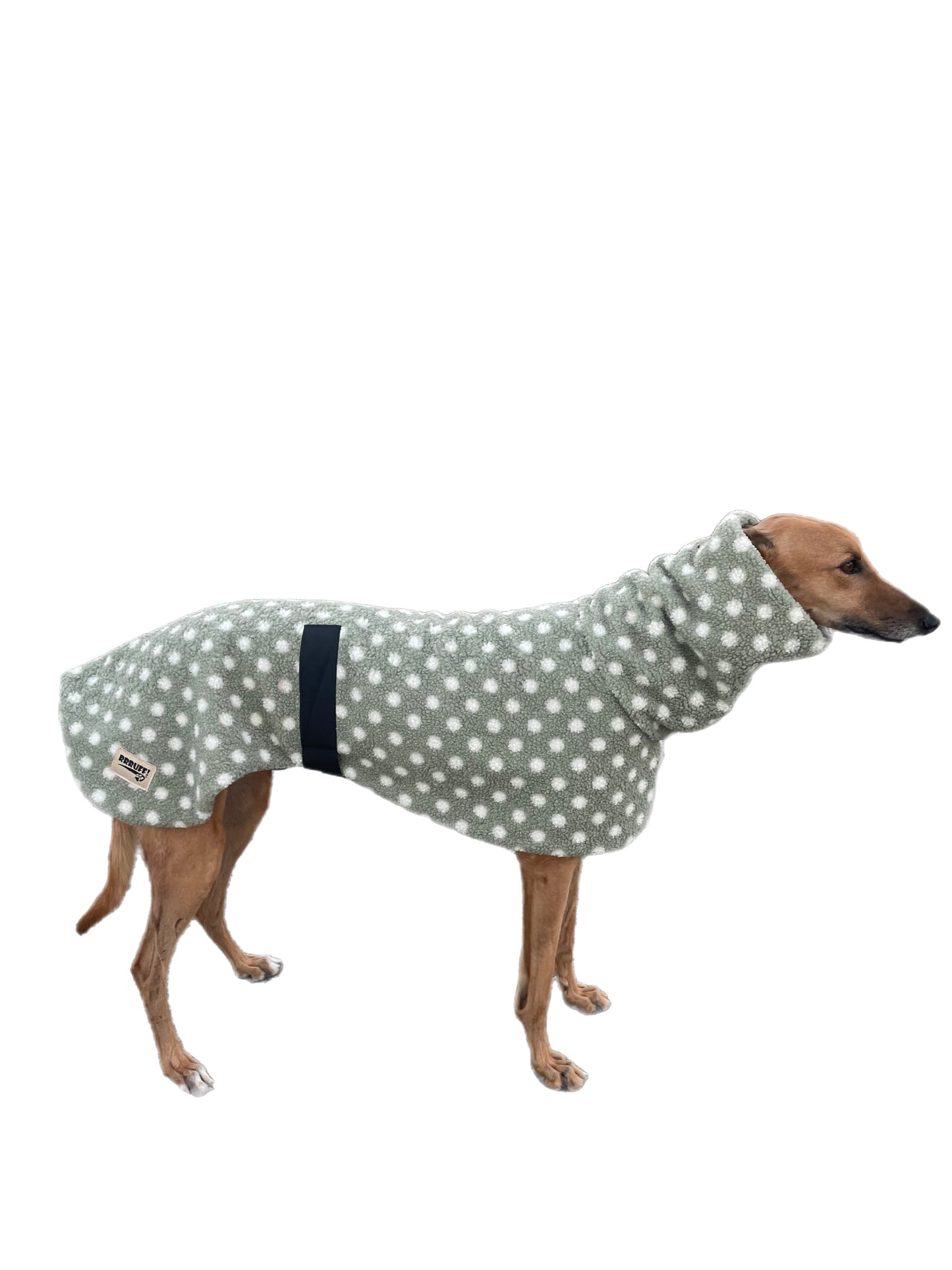 Sage Polka dot print Teddy fleece deluxe style greyhound coat with snuggly wide neck roll