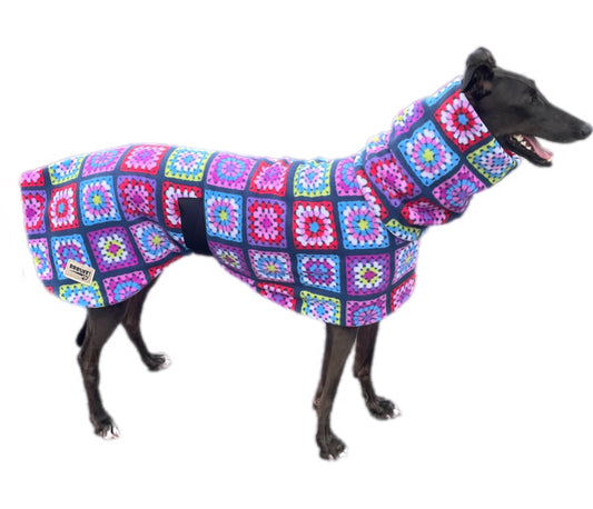 Granny Grey Greyhound Deluxe Dog coat dog rug, thick double polar fleece black washable extra wide hoodie