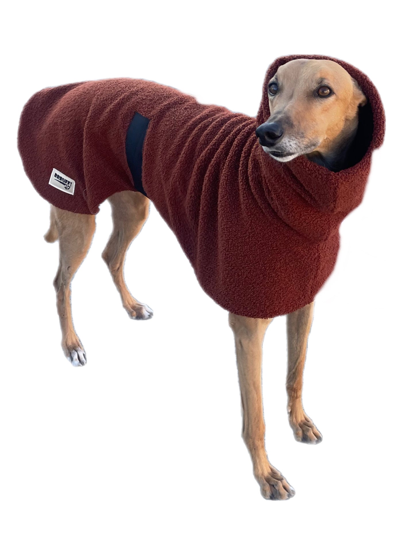 Chocolate Teddy fleece thick deluxe style greyhound coat with snuggly wide neck roll