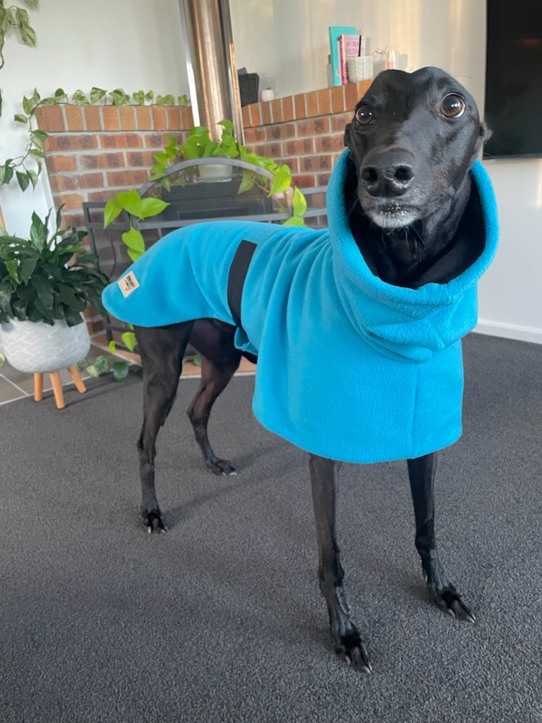 Greyhound Deluxe Dog coat dog rug, double polar fleece turquoise washable extra wide hoodie