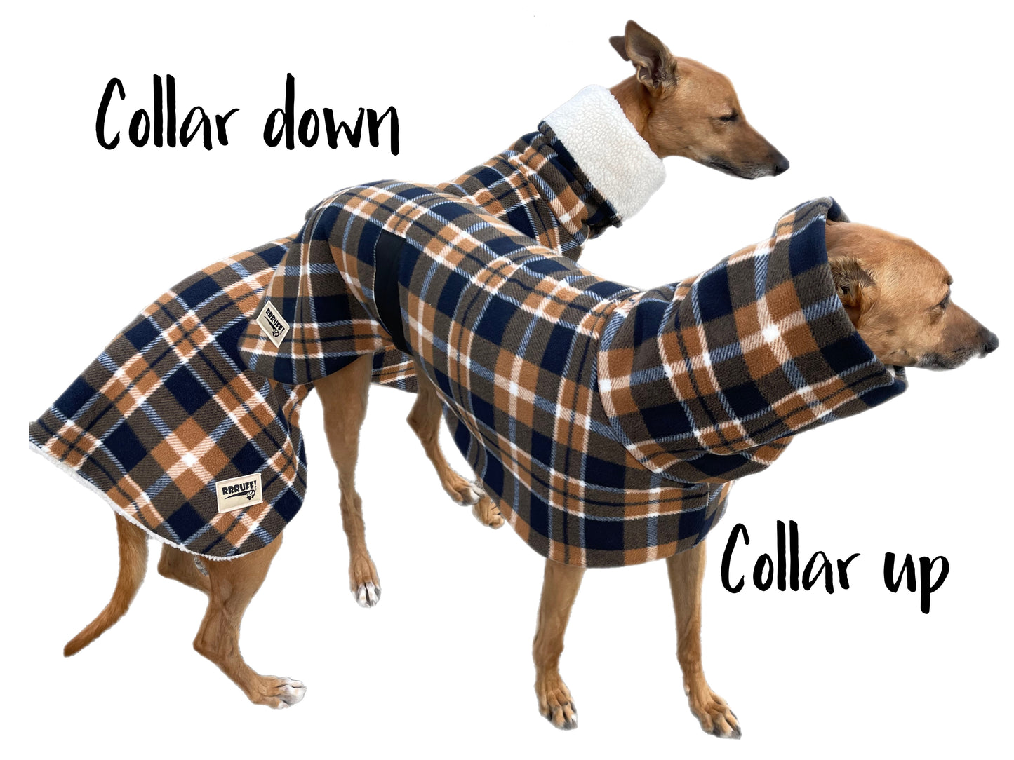 The caramel Lumberjack Greyhound coat in deluxe style rug brown/navy flanno plaid check  polar fleece washable extra wide neck