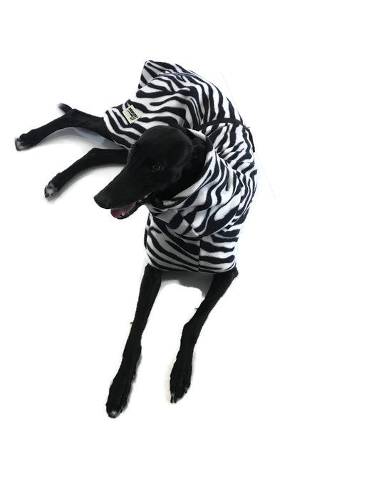 Greyhound Deluxe Dog coat dog rug, thick double polar fleece zebra print washable extra wide hoodie