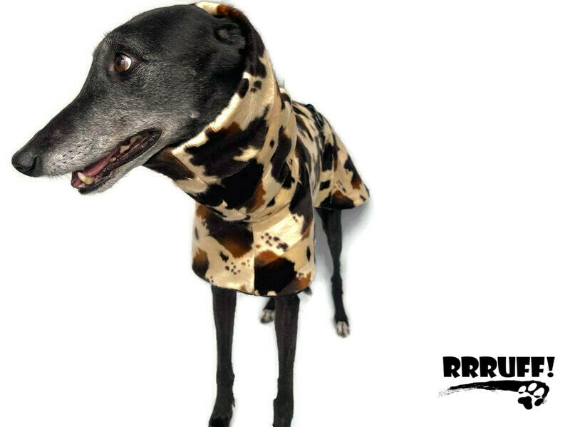 Opulence for your Greyhound  in deluxe style with huge collar in faux fur cow print & fleece washable