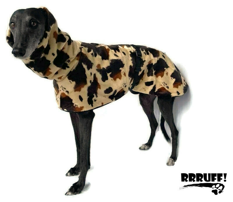 Opulence for your Greyhound  in deluxe style with huge collar in faux fur cow print & fleece washable