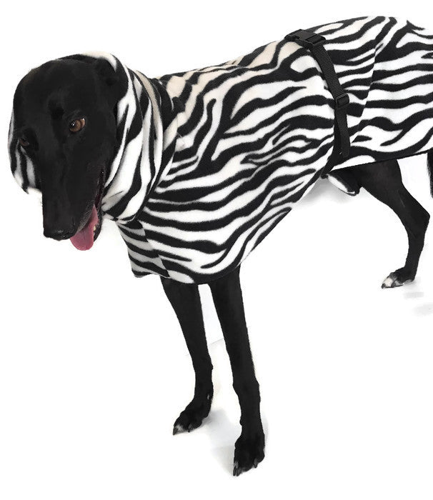 Greyhound Deluxe Dog coat dog rug, thick double polar fleece zebra print washable extra wide hoodie