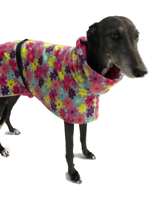 Greyhound coat in deluxe style with wide collar in pretty floral polar fleece washable