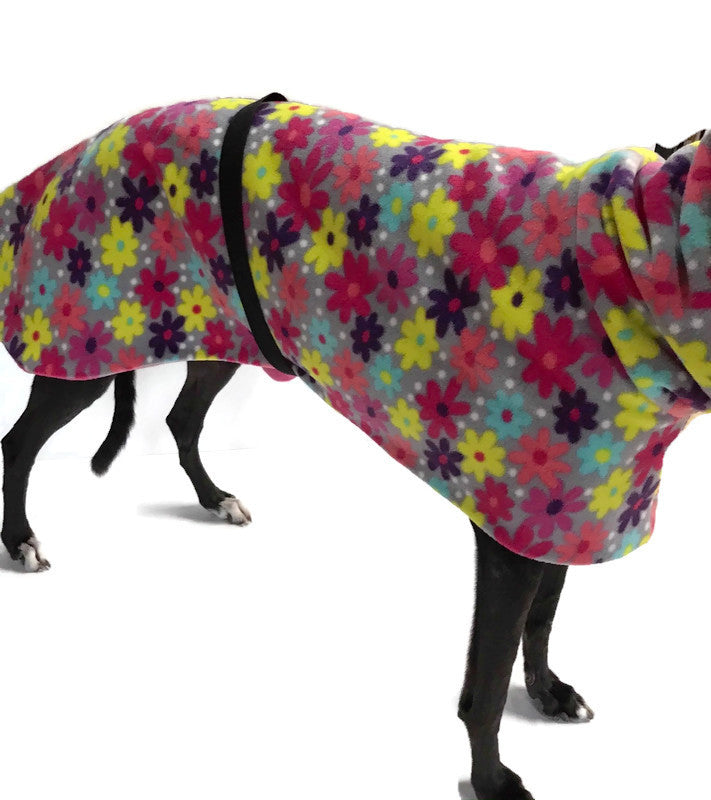 Greyhound coat in deluxe style with huge collar in pretty floral polar fleece washable