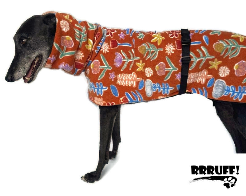 Trend setting greyhound coat in floral harvest double polar fleece washable