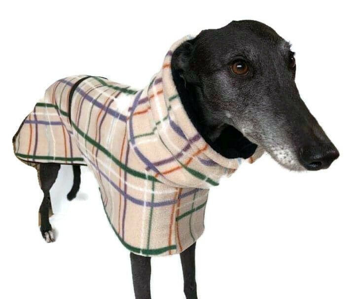 Greyhound Deluxe Dog coat dog rug, beige tartan double polar fleece  extra wide hoodie