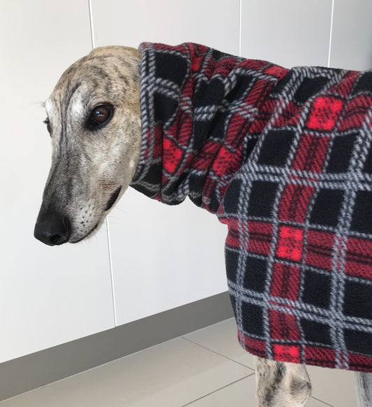 Greyhound coat in deluxe style rug red black tartan check  polar fleece washable extra wide neck
