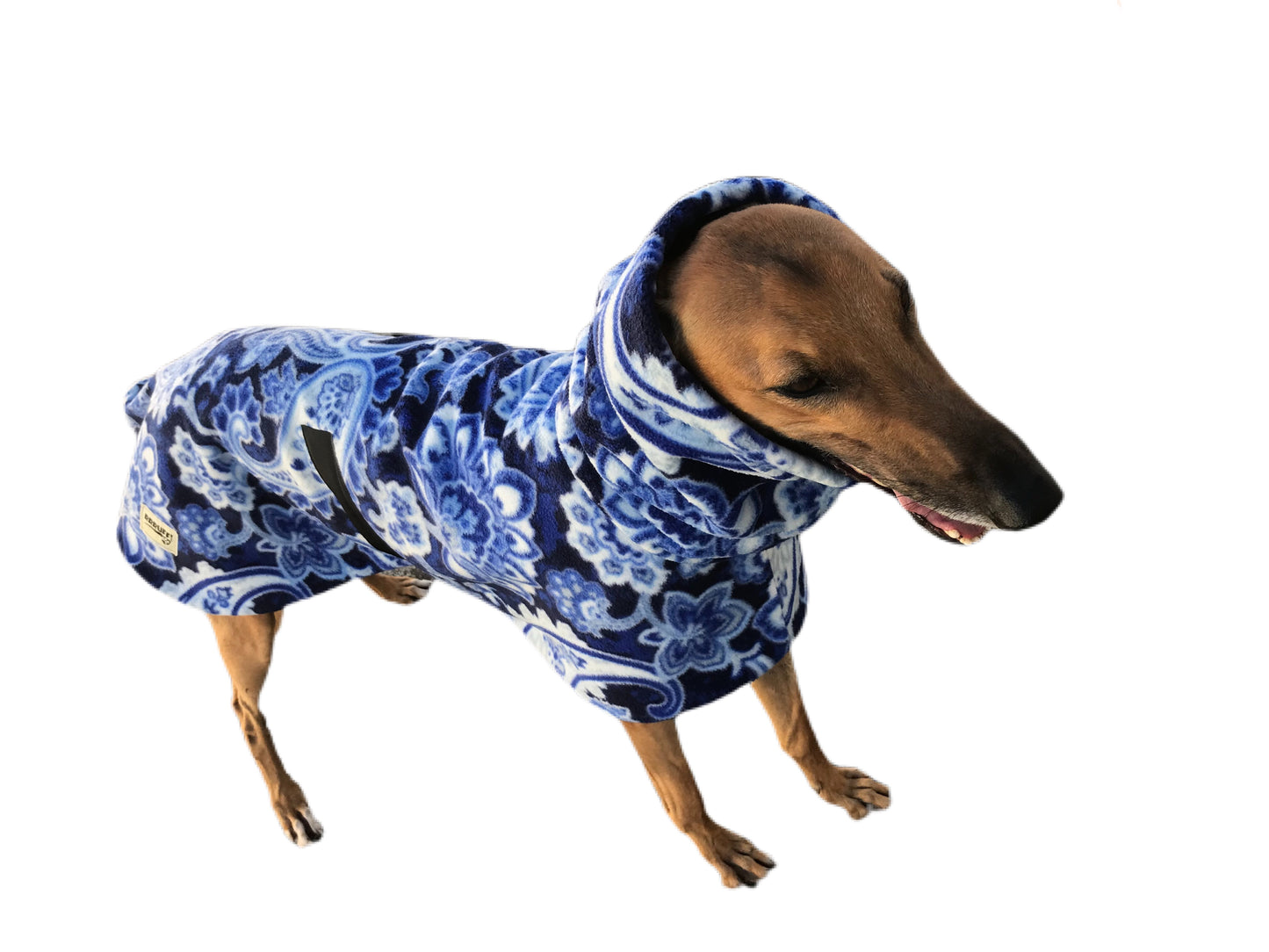 Swish & swirls of blue Greyhound Deluxe coat rug thick polar fleece washable extra wide neck hoodie