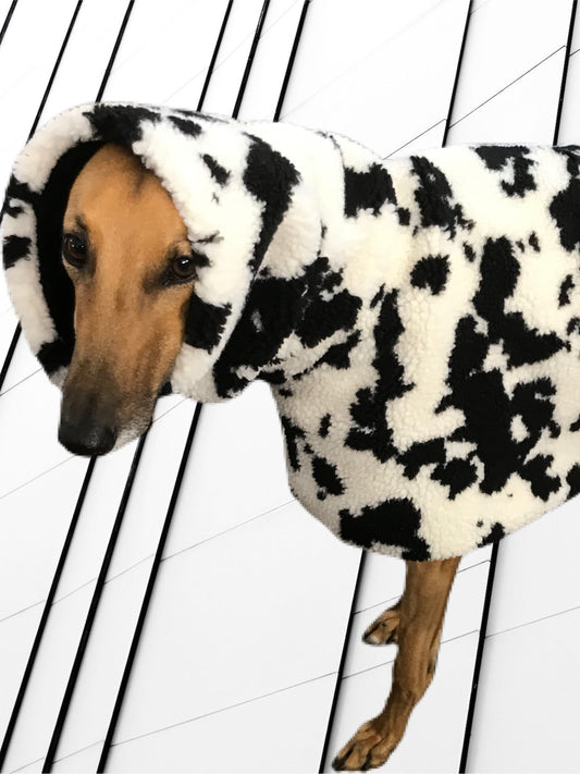 Extra thick Cow print Sherpa deluxe style greyhound coat with snuggly wide neck roll