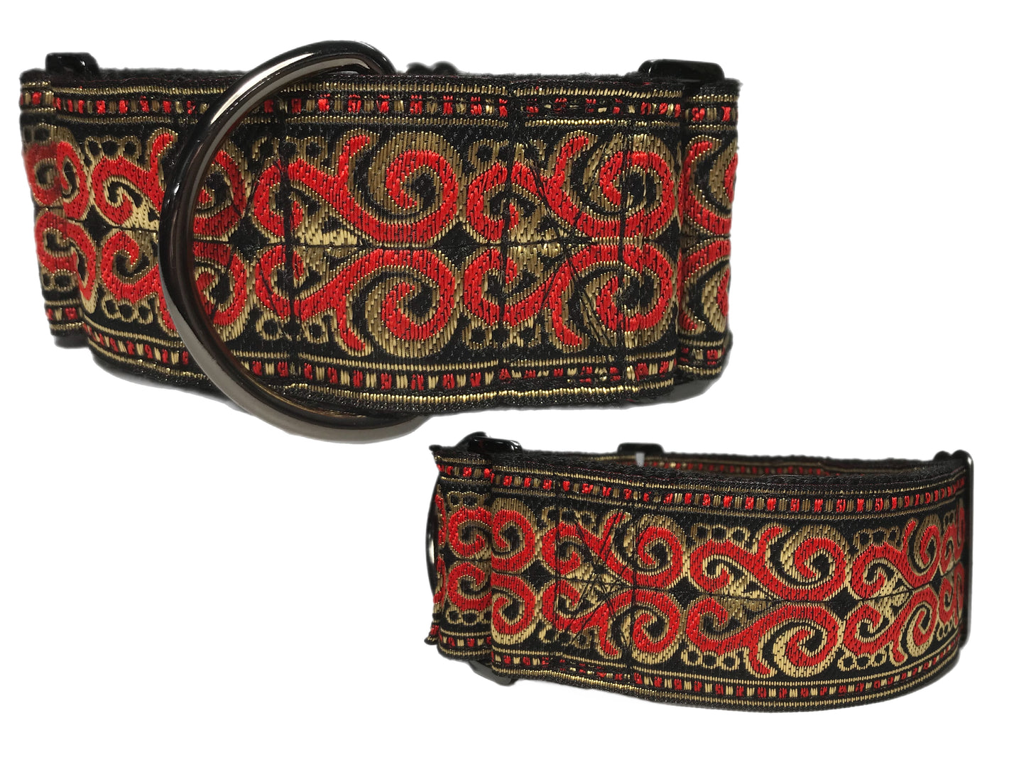 Large martingale collar for the greyhound and big dogs! Elegant red and gold on black swirl