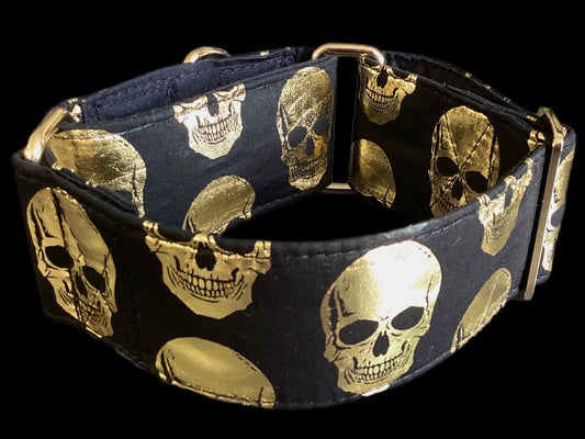 Black Martingale collar with metallic golden skulls 50mm width