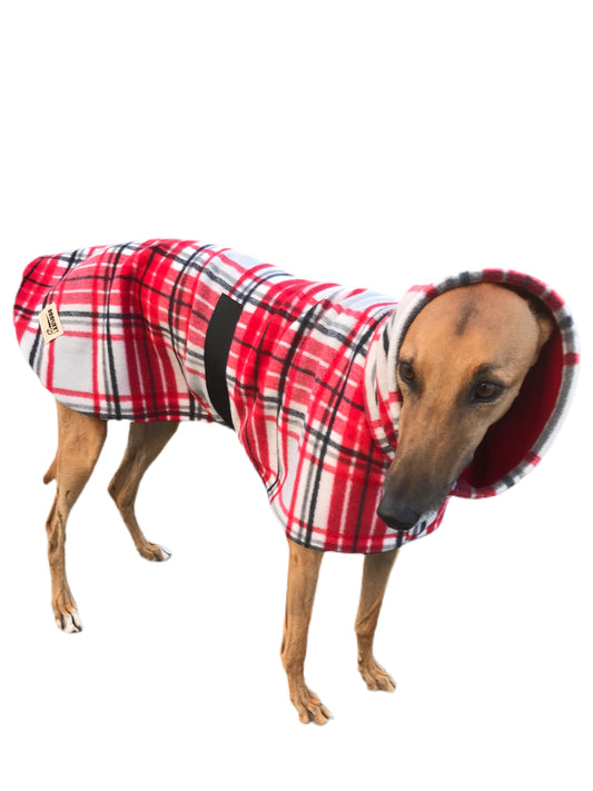 Greyhound coat in deluxe style rug red flanno tartan polar fleece washable extra wide neck