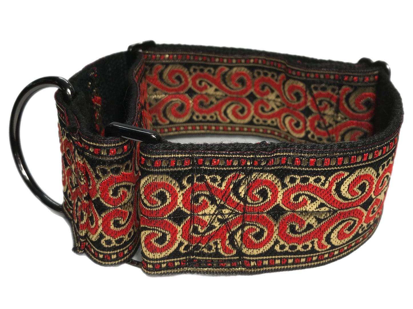 Large martingale collar for the greyhound and big dogs! Elegant red and gold on black swirl