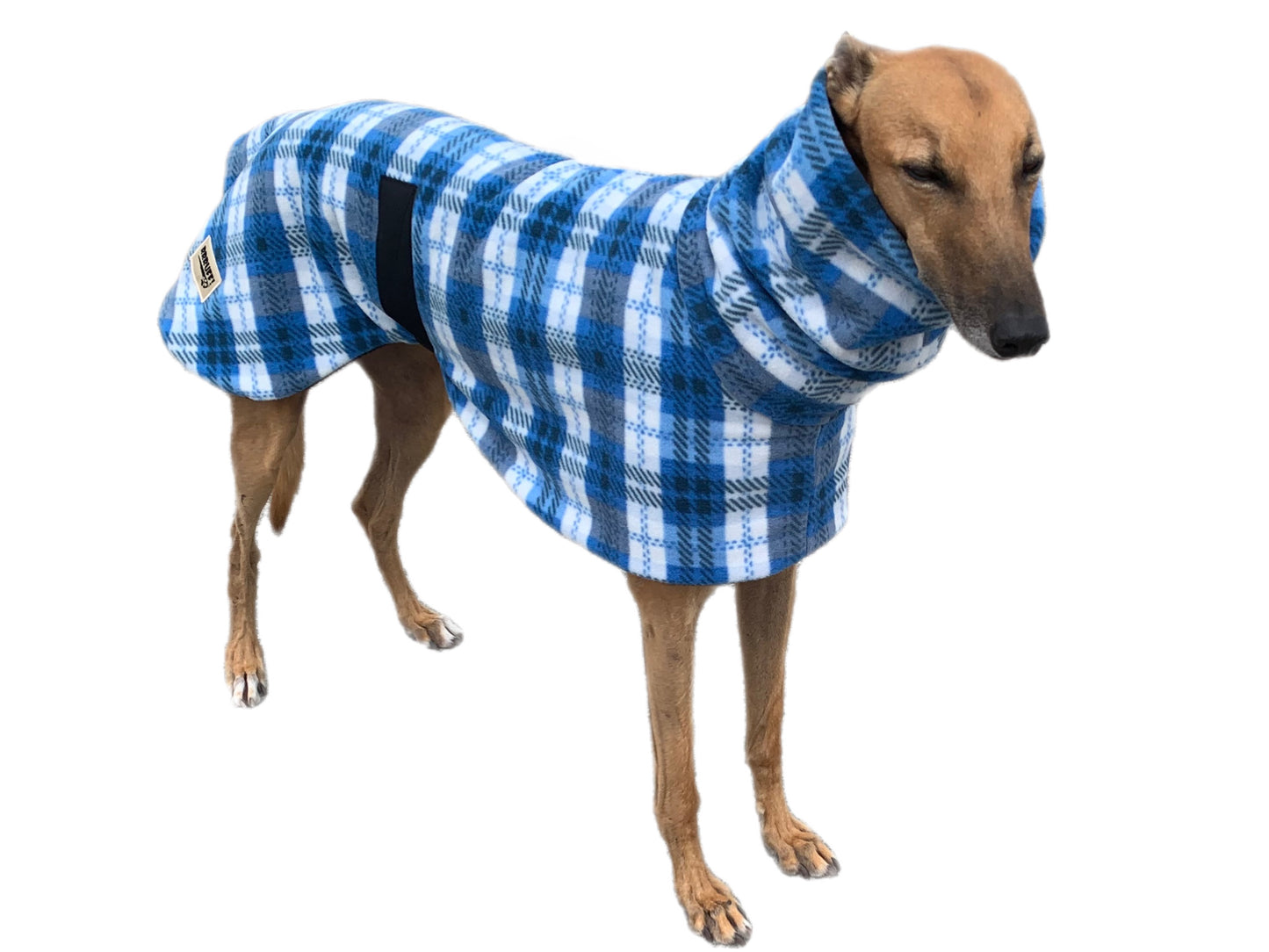 Blue check tartan winter deluxe style greyhound coat in double fleece with extra wide neck roll