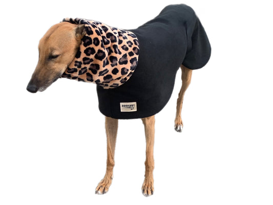 Greyhound Deluxe Dog coat dog rug, thick double polar fleece black washable extra wide hoodie