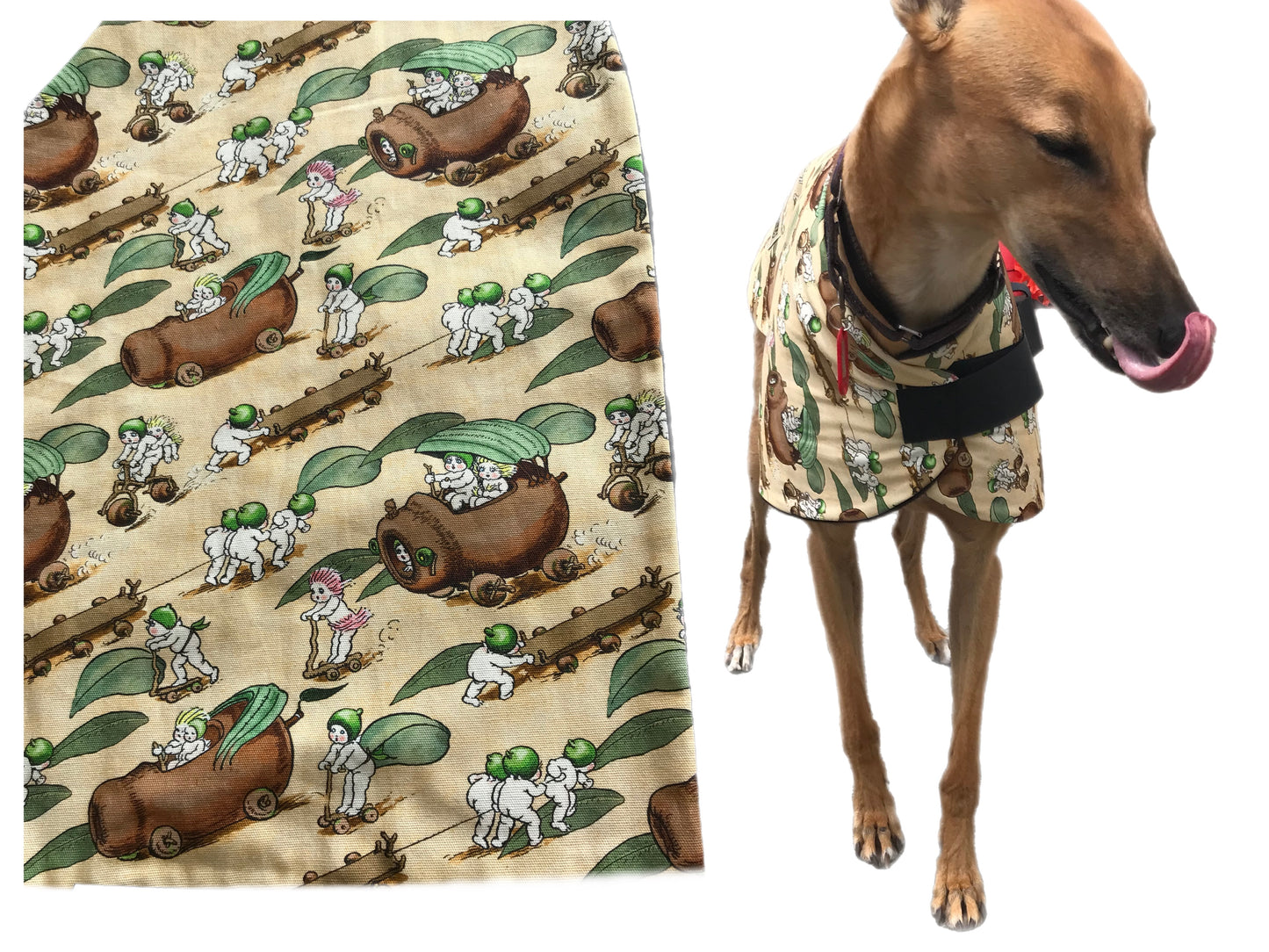 Summer range classic style Greyhound ‘gumnut babies’ design in cotton & thin fleece washable