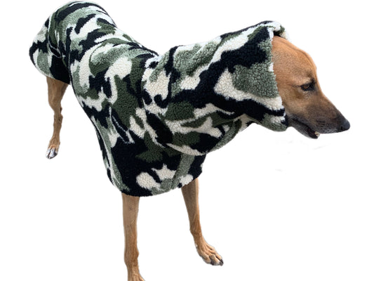 Extra thick green Cammo print Sherpa deluxe style greyhound coat with snuggly wide neck roll
