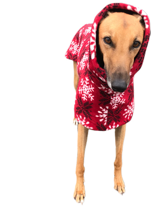 Snowflake red Deluxe greyhound coat rug thick polar fleece washable extra wide neck hoodie