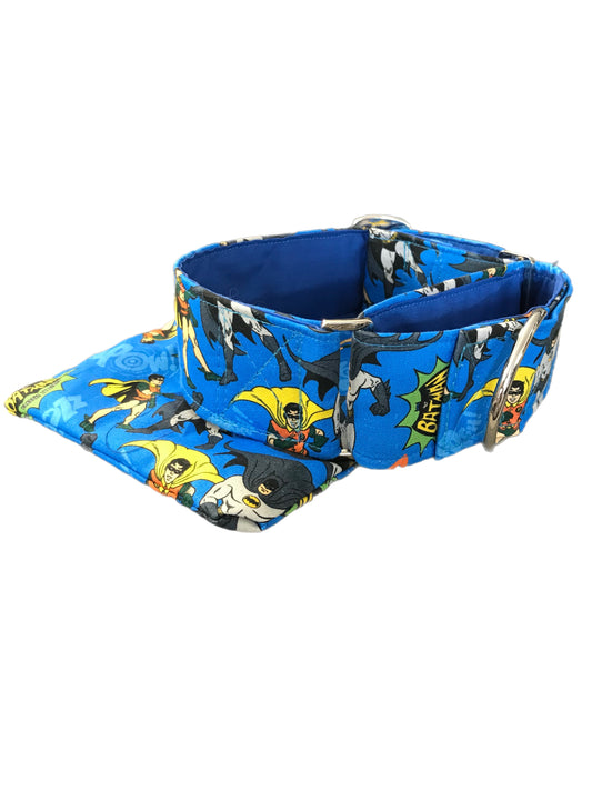 Cotton covered greyhound Martingale collar blue Batman and Robin 50mm width super soft