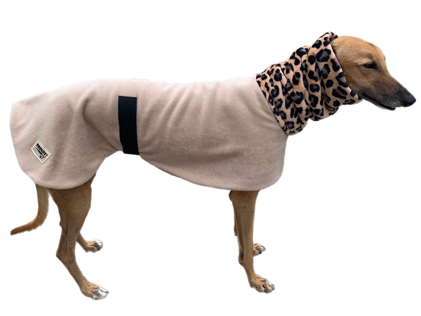 Beige Greyhound Deluxe Dog coat dog rug, thick double polar fleece black washable extra wide hoodie