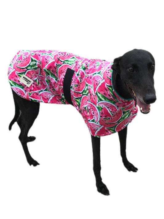 Spring/Autumn range classic style Greyhound ‘watermelon’ coat in cotton & fleece washable