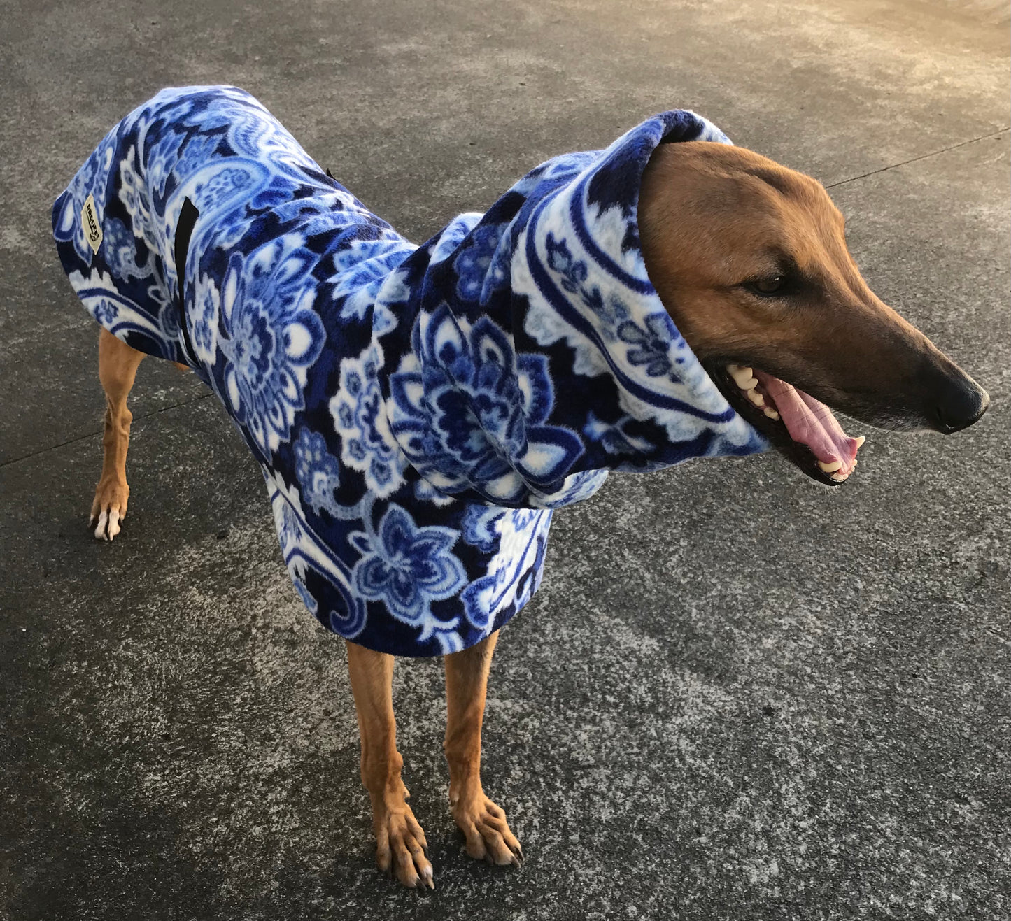 Swish & swirls of blue Greyhound Deluxe coat rug thick polar fleece washable extra wide neck hoodie