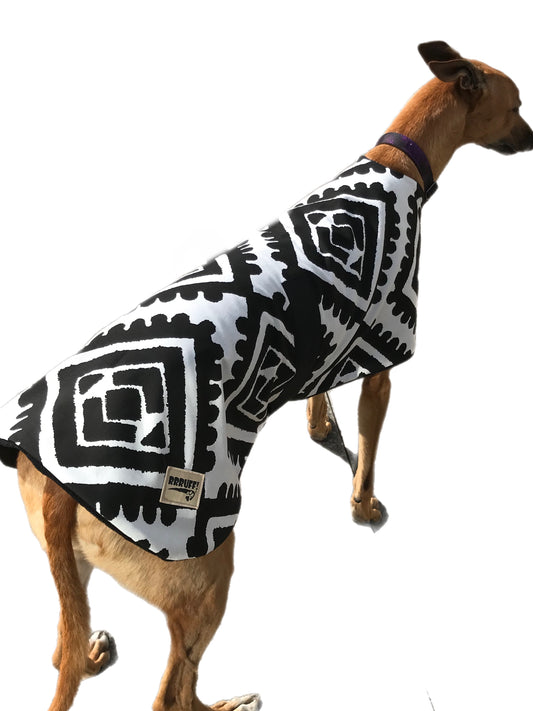 Black & white spring range classic style Greyhound coat in  cotton & fleece washable