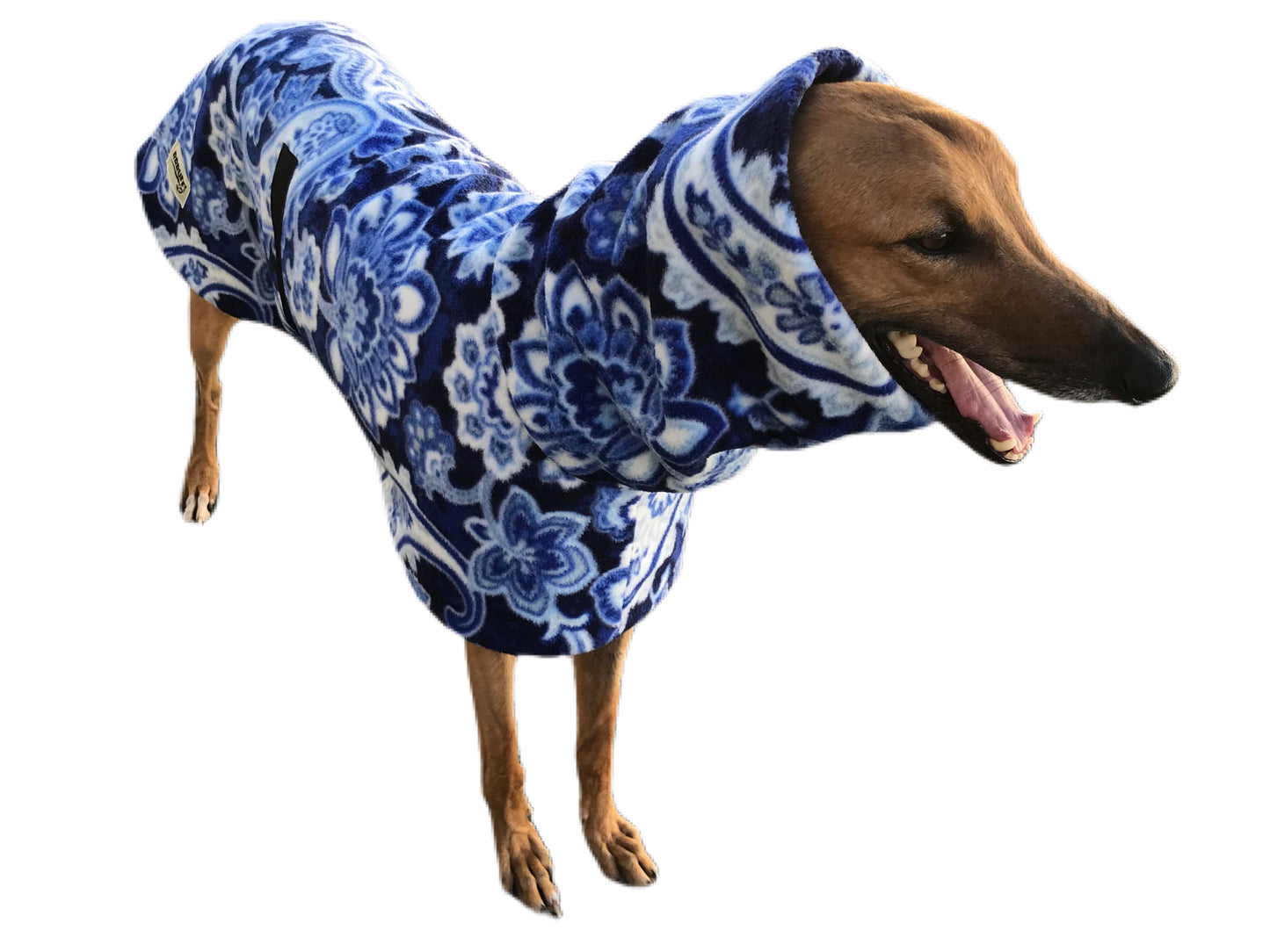 Swish & swirls of blue Greyhound Deluxe coat rug thick polar fleece washable extra wide neck hoodie