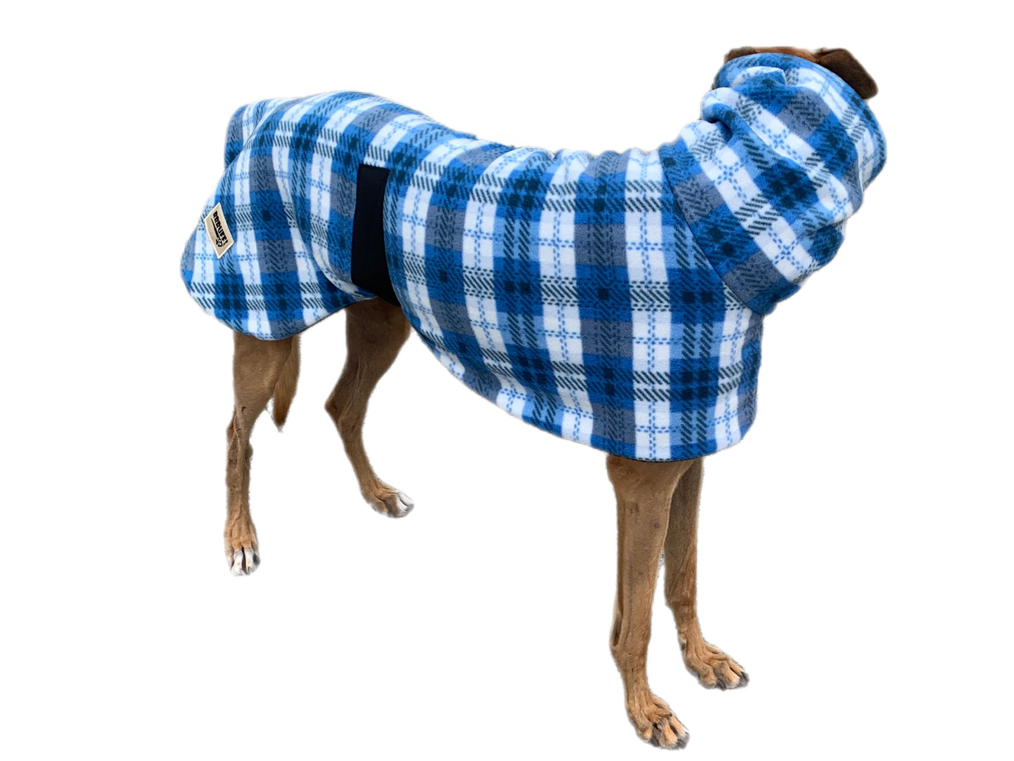 Blue check tartan winter deluxe style greyhound coat in double fleece with extra wide neck roll